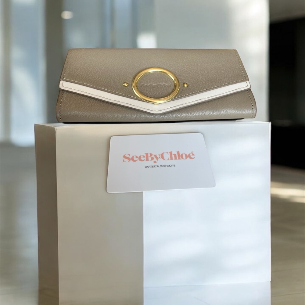 See By Chloe’ Aura Taupe and Off-White Long Leather Flap Wallet w/COA Card -NWOT